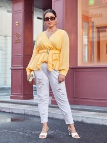 SHEIN Privé 大碼圓點荷葉邊襯衫 - 黃色 - 查看 1