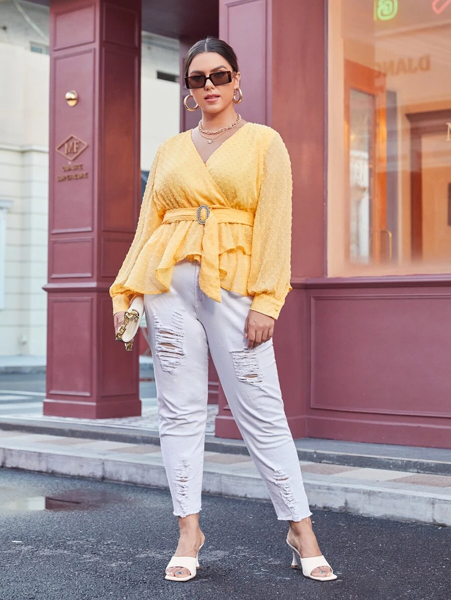 SHEIN Privé 大碼圓點荷葉邊襯衫 - 黃色 - 查看 1