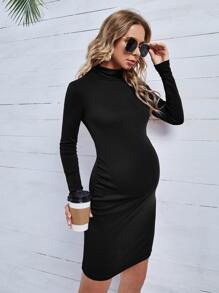 SHEIN 孕婦素色高領緊身洋裝 - 黑色 - 查看 5