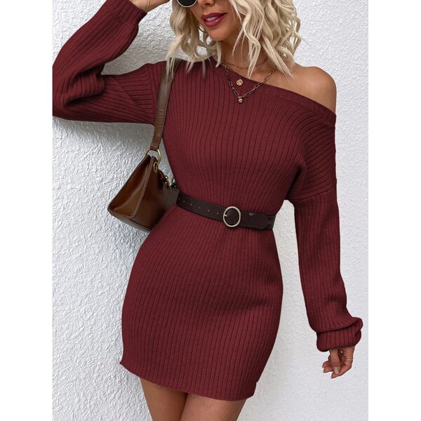 

Ribbed Knit Drop Shoulder Sweater Dress Without Belt, Burgundy