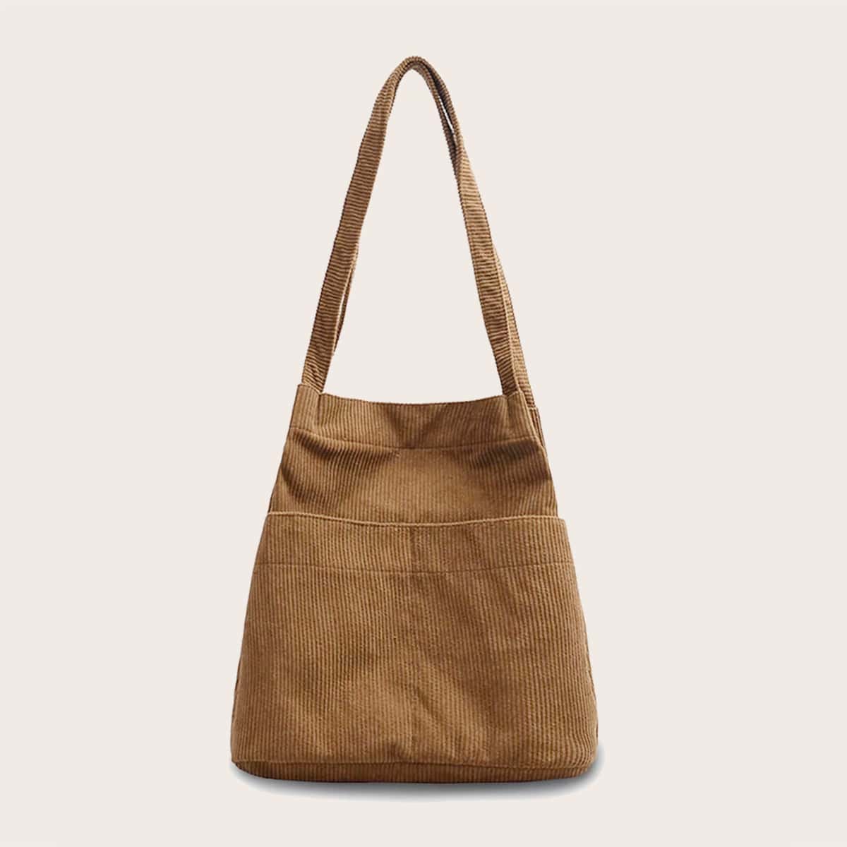 

Side Pocket Corduroy Tote Bag, Brown
