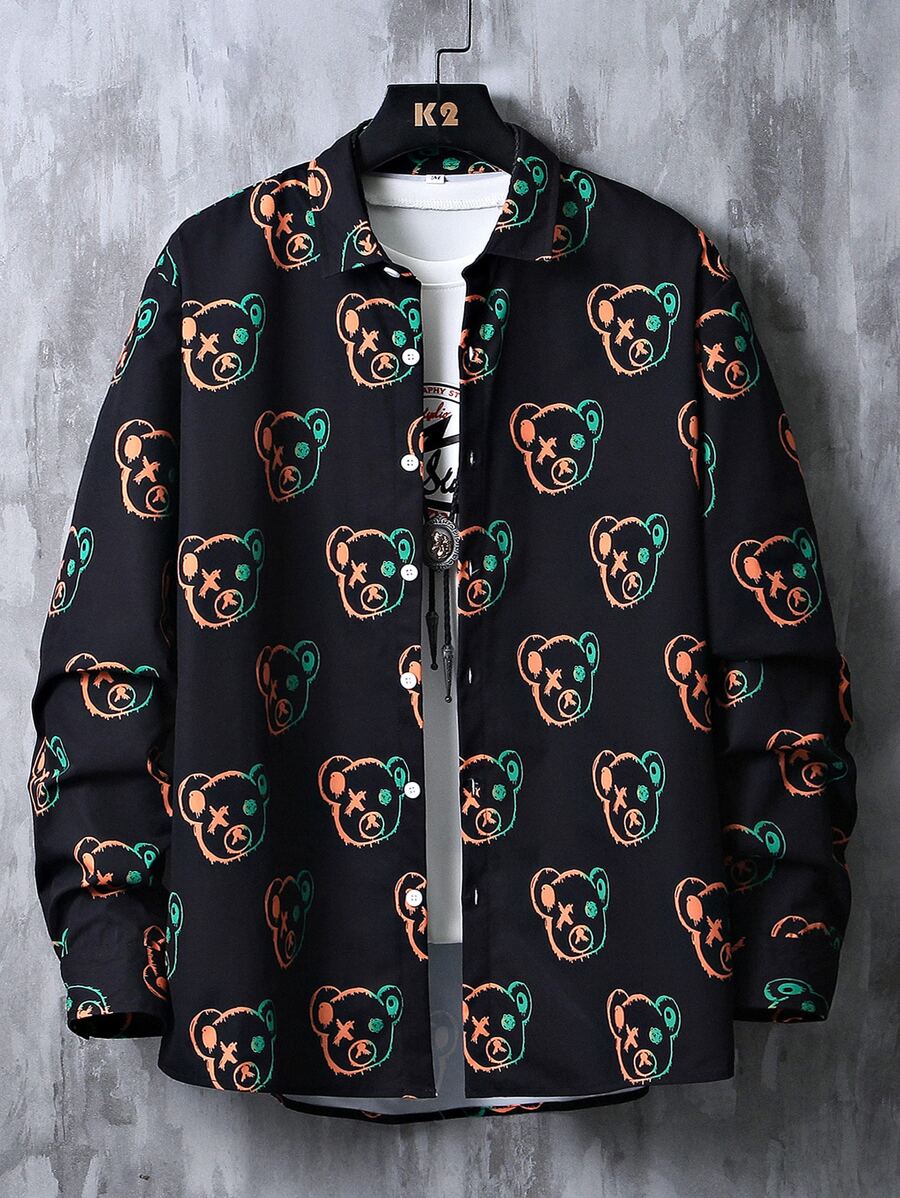 Manfinity Hombres Camisa con estampado de oso con botón delantero - Negro - Ver 1
