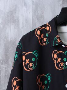 Manfinity Hombres Camisa con estampado de oso con botón delantero - Negro - Ver 3