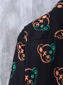 Manfinity Hombres Camisa con estampado de oso con botón delantero - Negro - Ver 4