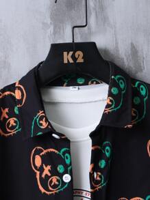 Manfinity Hombres Camisa con estampado de oso con botón delantero - Negro - Ver 6