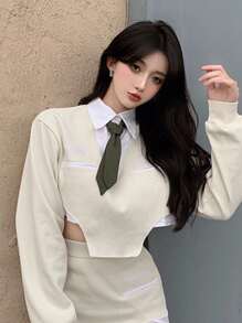 Contrast 2 In 1 Polo Neck Crop Pullover With Necktie - Apricot - View 1