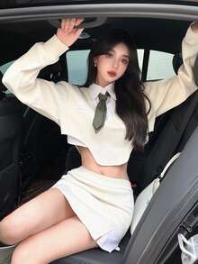 Contrast 2 In 1 Polo Neck Crop Pullover With Necktie - Apricot - View 3