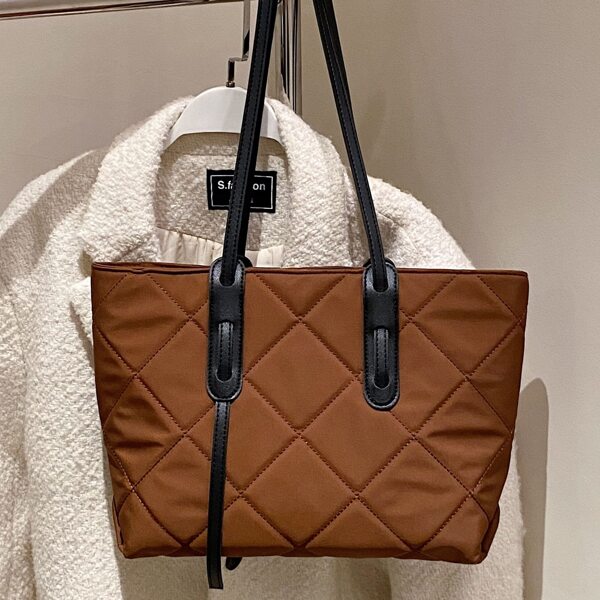 

Quilted Pattern Nylon Shoulder Tote Bag, Brown