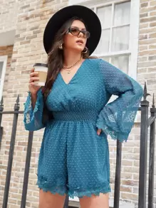 SHEIN VCAY 大碼圓點鏤空蕾絲花邊腰部打褶連身短褲 - 藍色 - 查看 5