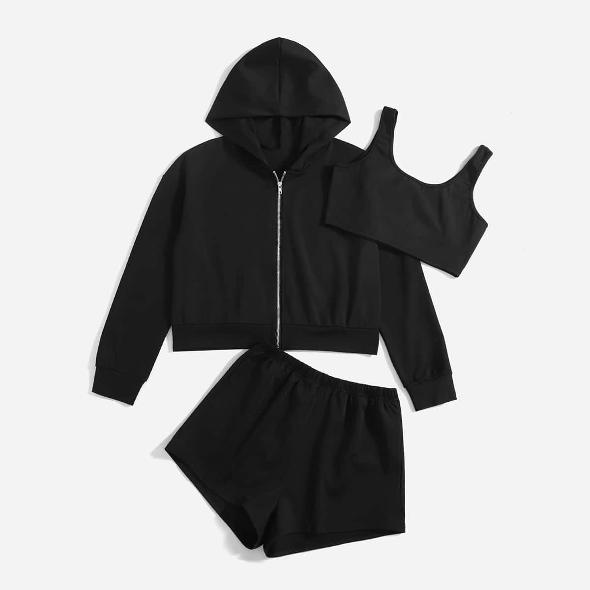 

Solid Jacket & Tank Top & Shorts, Black