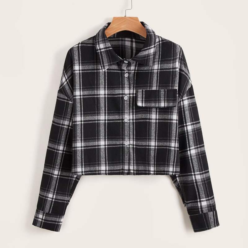 

Plaid Button Front Crop Blouse, Black and white