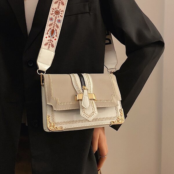

Stitch Detail Flap Crossbody Bag, Beige