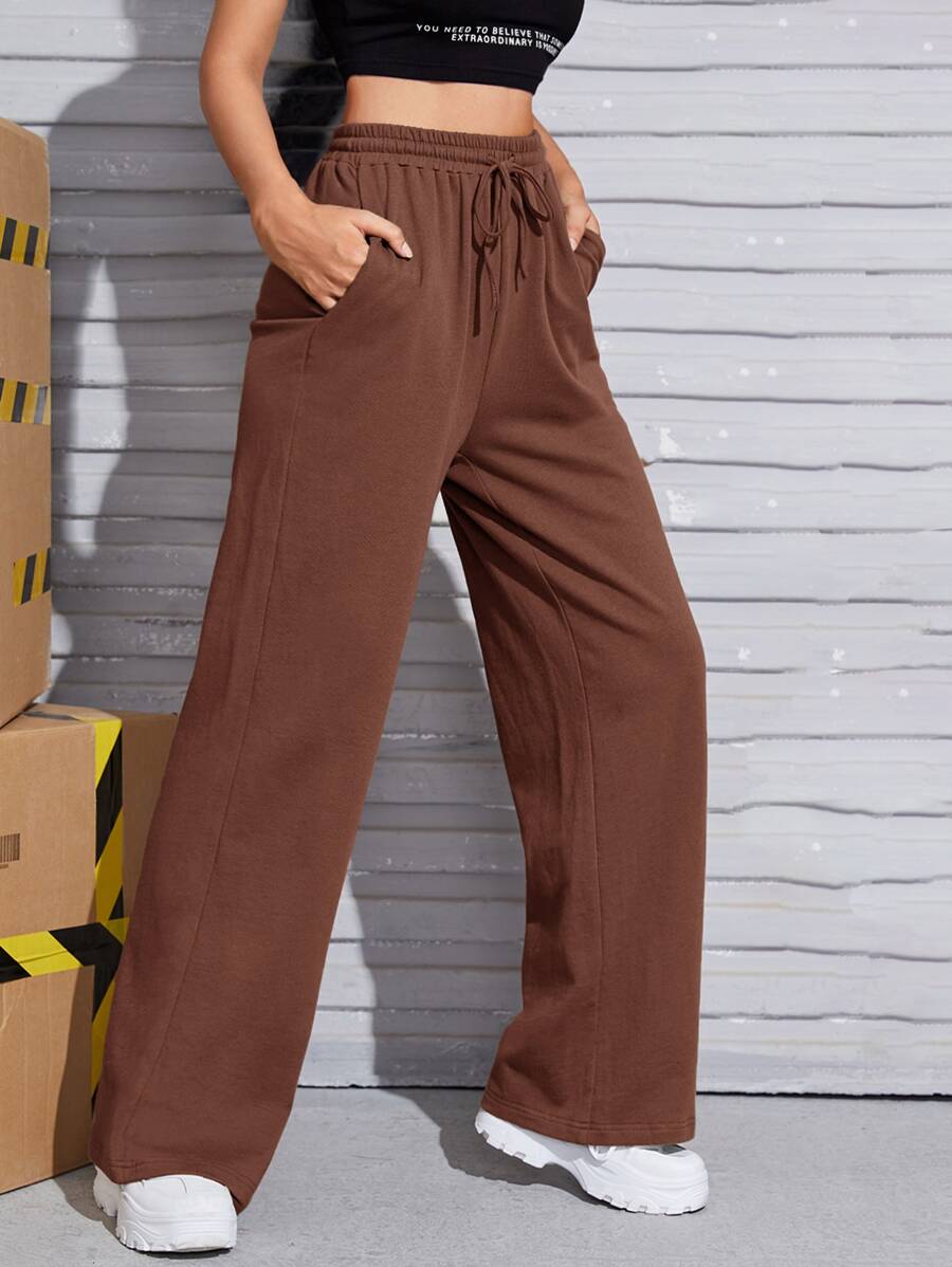 SHEIN EZwear Slant Pocket Drawstring Joggers - Coffee Brown - View 1