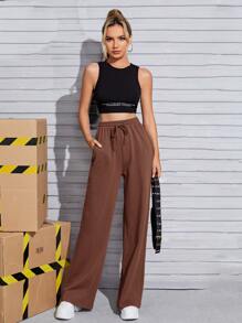 SHEIN EZwear Slant Pocket Drawstring Joggers - Coffee Brown - View 3