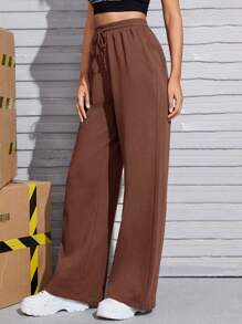 SHEIN EZwear Slant Pocket Drawstring Joggers - Coffee Brown - View 4