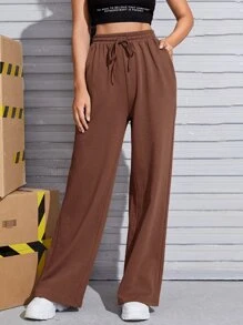 SHEIN EZwear Slant Pocket Drawstring Joggers - Coffee Brown - View 5