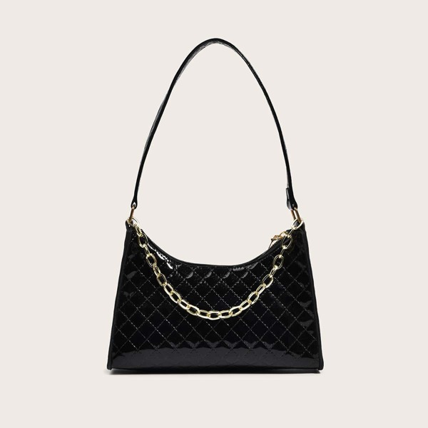 

Minimalist Quilted Chain Decor Baguette Bag, Black