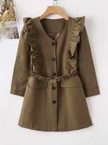 Niñas Gabardina ribete con fruncido con cinturón - Marrón Mocha - Ver 1