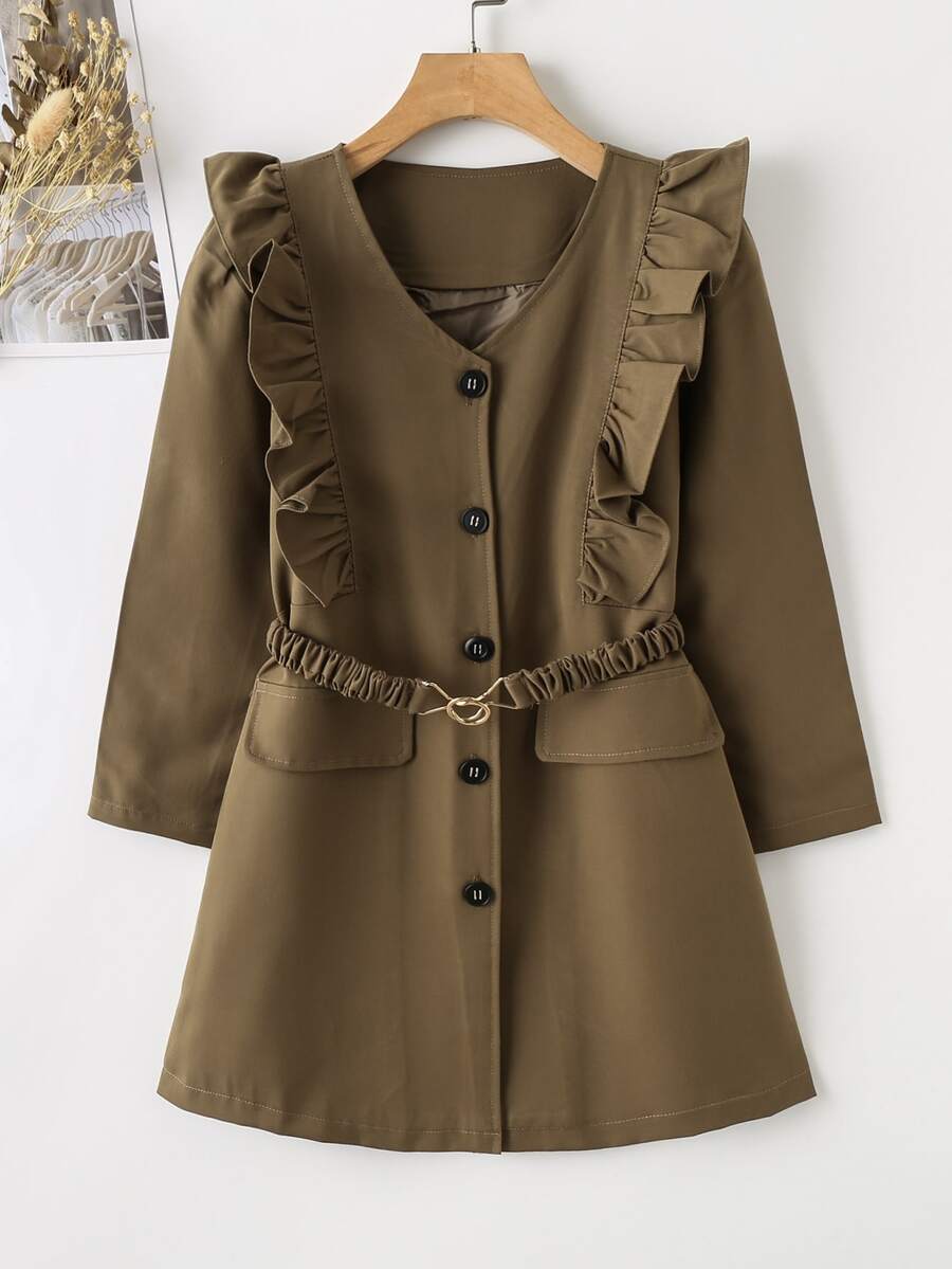 Niñas Gabardina ribete con fruncido con cinturón - Marrón Mocha - Ver 1