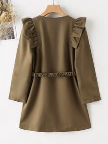 Niñas Gabardina ribete con fruncido con cinturón - Marrón Mocha - Ver 2