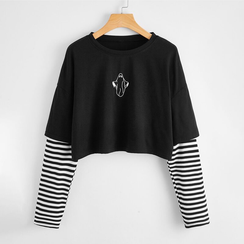 

2 In 1 Striped Sleeve Graphic Crop Tee, Black and white