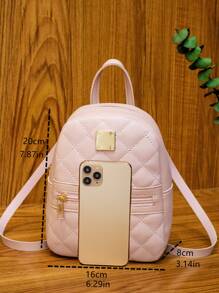 Metal Patch Quilted Pattern Zip Front Backpack - Pink - View 4
