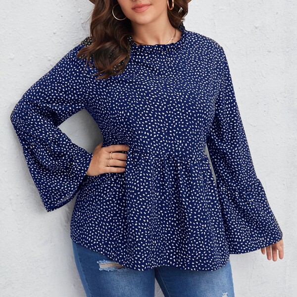 

Plus Confetti Print Bell Sleeve Peplum Hem Blouse, Navy blue