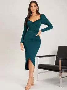 SHEIN BAE Solid Wrap Bodycon Dress - Teal Blue - View 1