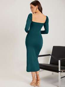 SHEIN BAE Solid Wrap Bodycon Dress - Teal Blue - View 2