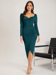 SHEIN BAE Solid Wrap Bodycon Dress - Teal Blue - View 3