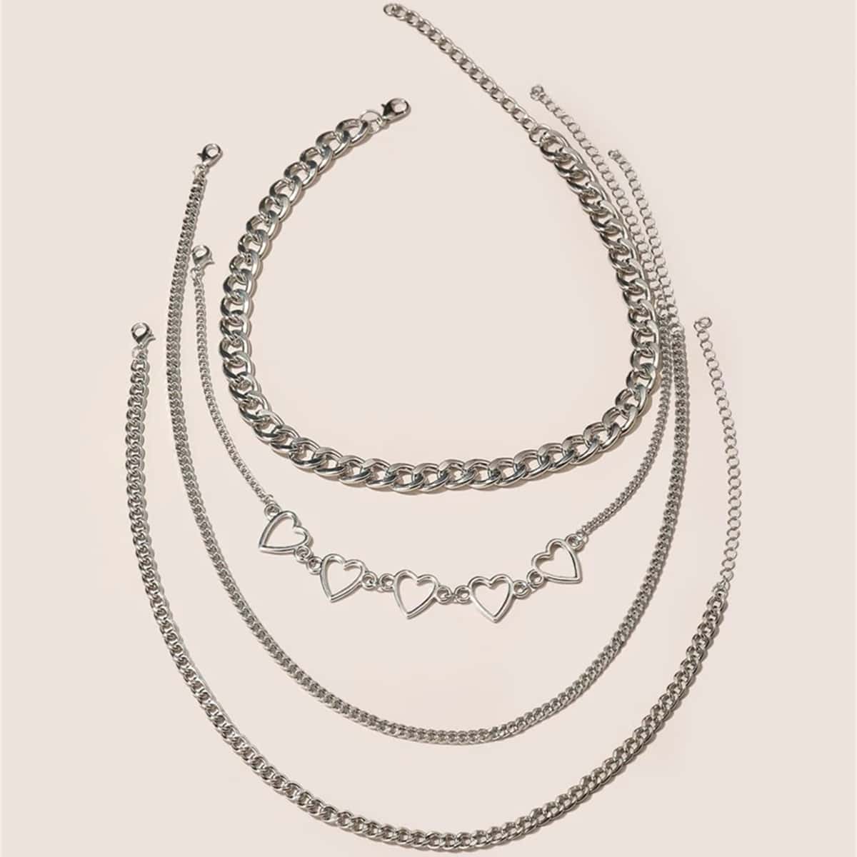 

4pcs Heart Decor Chain Necklace, Silver