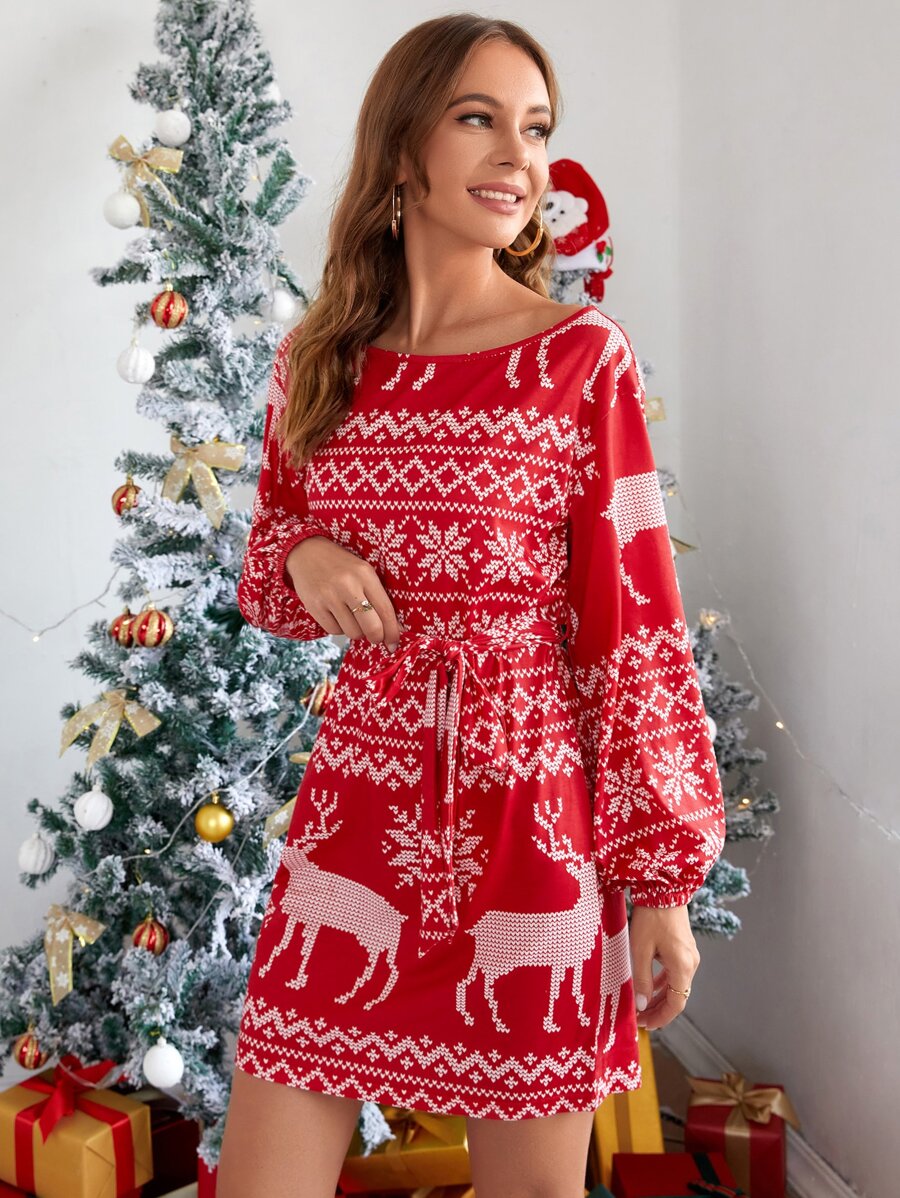 聖誕圖案燈籠袖繫腰帶洋裝