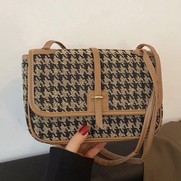 

Houndstooth Contrast Binding Square Bag, Multicolor