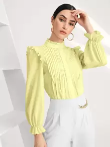 SHEIN BIZwear Solid Pleated Ruffle Trim Blouse - Yellow - View 1