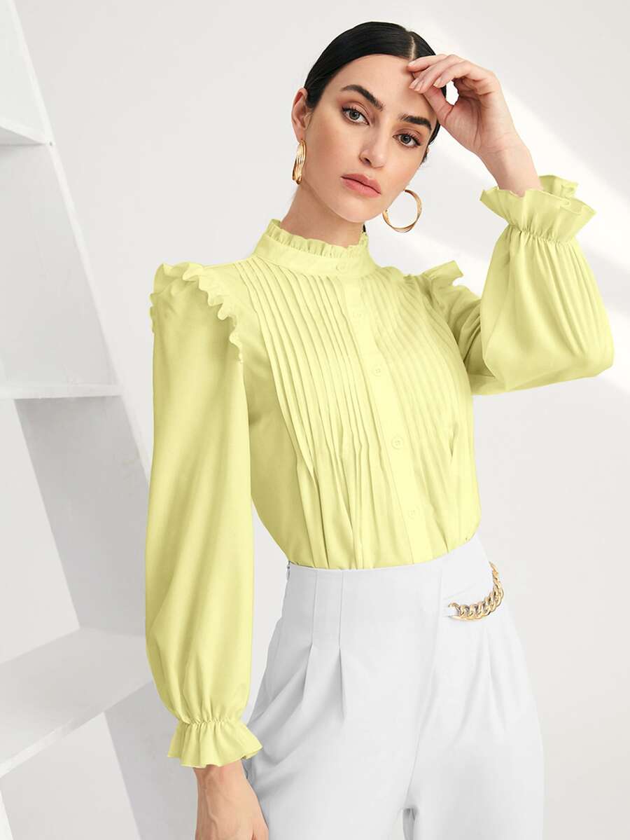 SHEIN BIZwear Solid Pleated Ruffle Trim Blouse - Yellow - View 1