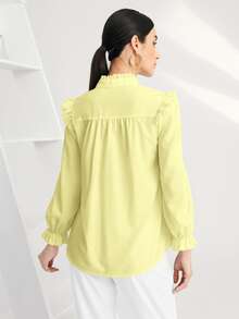 SHEIN BIZwear Solid Pleated Ruffle Trim Blouse - Yellow - View 2