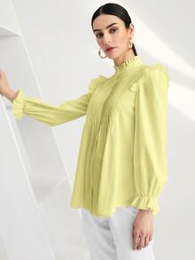 SHEIN BIZwear Solid Pleated Ruffle Trim Blouse - Yellow - View 3