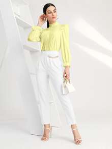 SHEIN BIZwear Solid Pleated Ruffle Trim Blouse - Yellow - View 4