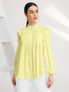 SHEIN BIZwear Solid Pleated Ruffle Trim Blouse - Yellow - View 5