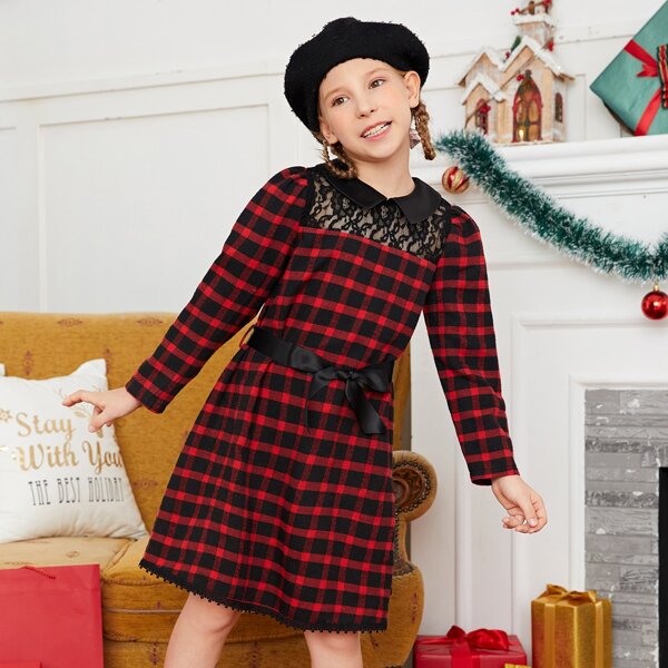 

Girls Christmas Gingham Lace Insert Dress, Multicolor