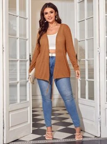 SHEIN Essnce 大碼抽繩下擺雜色針織開襟外套 - 摩卡棕 - 查看 4