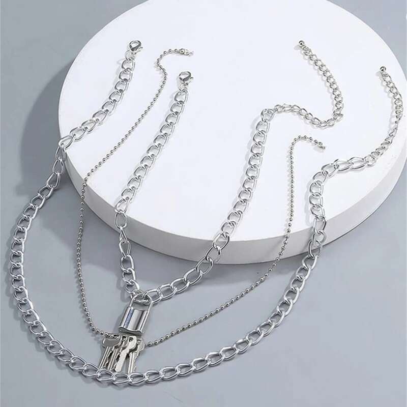 

3pcs Lock Decor Chain Necklace, Silver