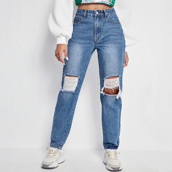 

High Waisted Ripped Mom Fit Jeans, Medium wash