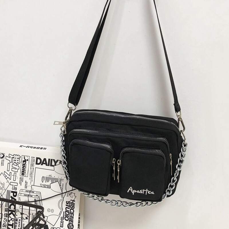 

Chain Decor Pocket Front Crossbody Bag, Black
