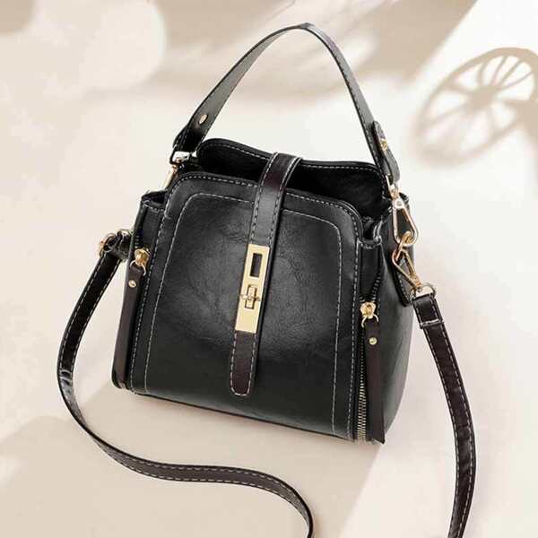 

Minimalist Twist Lock Zipper Decor Satchel Bag, Black