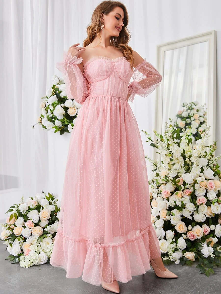 一字肩褶邊荷葉邊荷葉袖波點網紗舞會連衣裙 - 淺粉色 - 查看 1