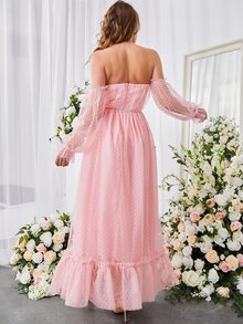 一字肩褶邊荷葉邊荷葉袖波點網紗舞會連衣裙 - 淺粉色 - 查看 2