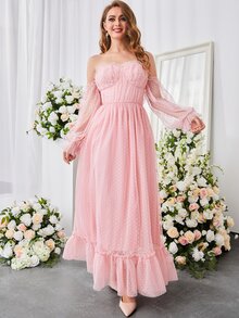 一字肩褶邊荷葉邊荷葉袖波點網紗舞會連衣裙 - 淺粉色 - 查看 3