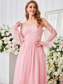 一字肩褶邊荷葉邊荷葉袖波點網紗舞會連衣裙 - 淺粉色 - 查看 5