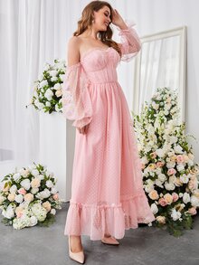 一字肩褶邊荷葉邊荷葉袖波點網紗舞會連衣裙 - 淺粉色 - 查看 6